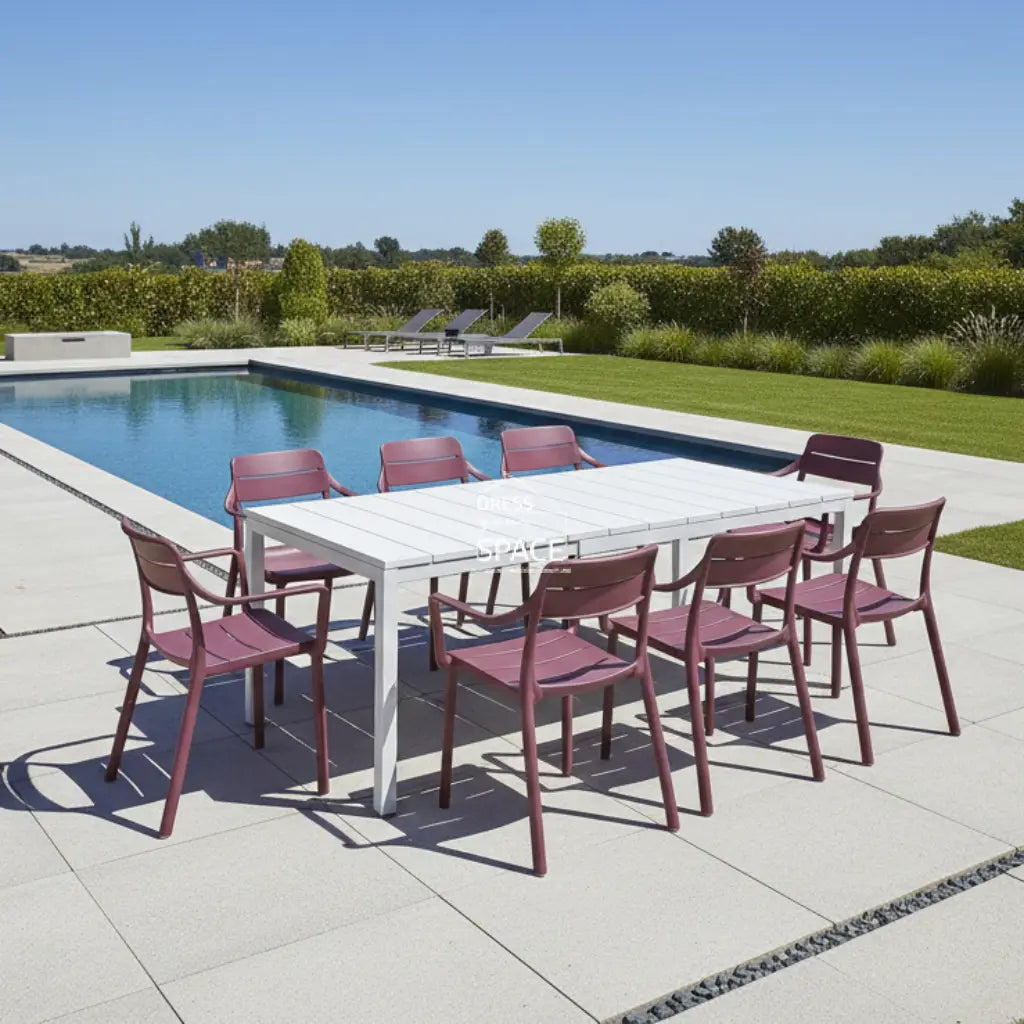 Nardi Rio Resin White Ext. & Cassia Borgogna Arm Chairs 7 9 or 11 piece Dining Setting - Outdoor Dining Set - Nardi