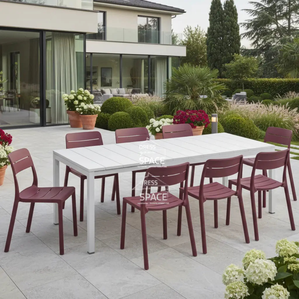 Nardi Rio Resin White Ext. & Cassia Borgogna Armless Chairs 7 9 or 11 piece Dining Setting - Outdoor Dining Set - Nardi