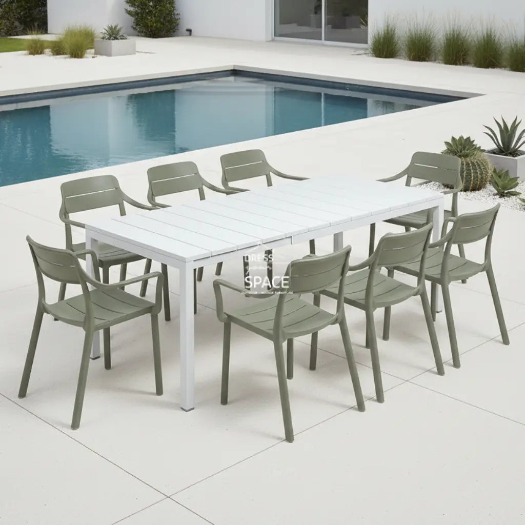 Nardi Rio Resin White Ext. & Cassia Cactus Arm Chairs 7 9 or 11 piece Dining Setting - Outdoor Dining Set - Nardi