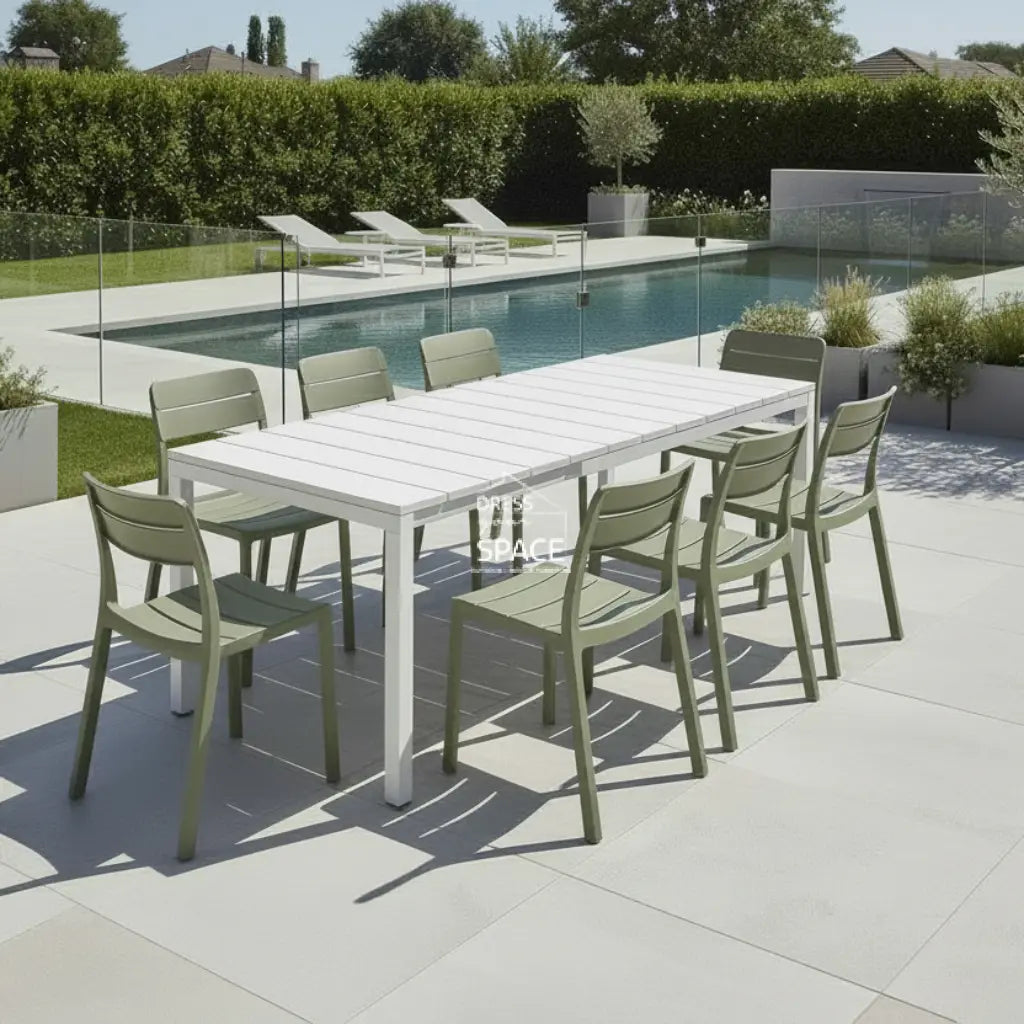Nardi Rio Resin White Ext. & Cassia Cactus Armless Chairs 7 9 or 11 piece Dining Setting - Outdoor Dining Set - Nardi