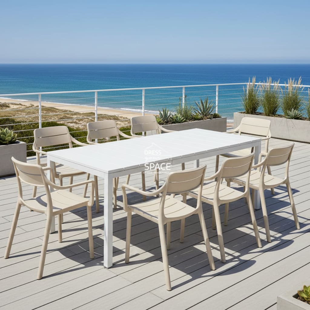 Nardi Rio Resin White Ext. & Cassia Corda Arm Chairs 7 9 or 11 piece Dining Setting - Outdoor Dining Set - Nardi