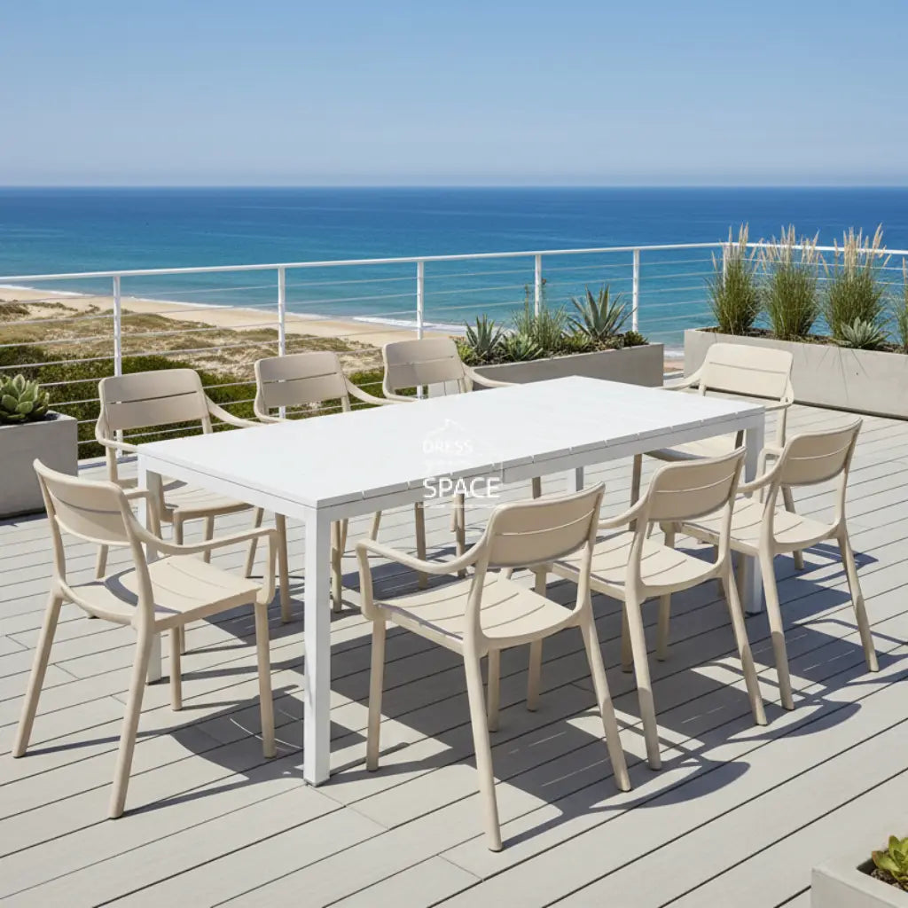 Nardi Rio Resin White Ext. & Cassia Corda Arm Chairs 7 9 or 11 piece Dining Setting - Outdoor Dining Set - Nardi