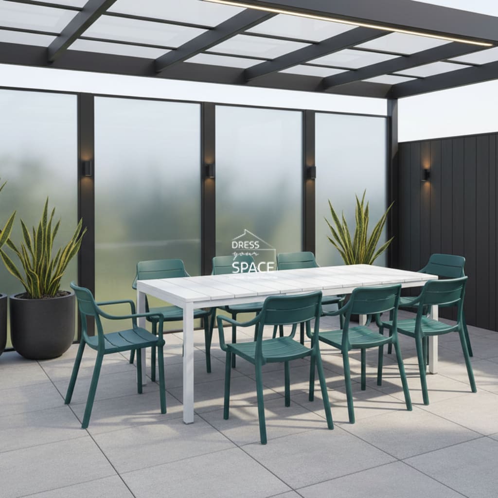 Nardi Rio Resin White Ext. & Cassia Maya Arm Chairs 7 9 or 11 piece Dining Setting - Outdoor Dining Set - Nardi