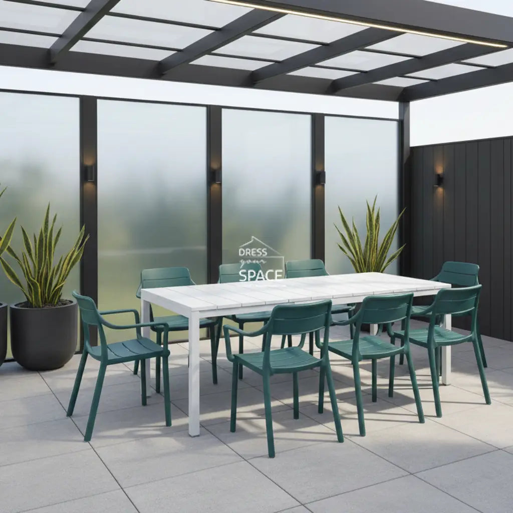 Nardi Rio Resin White Ext. & Cassia Maya Arm Chairs 7 9 or 11 piece Dining Setting - Outdoor Dining Set - Nardi