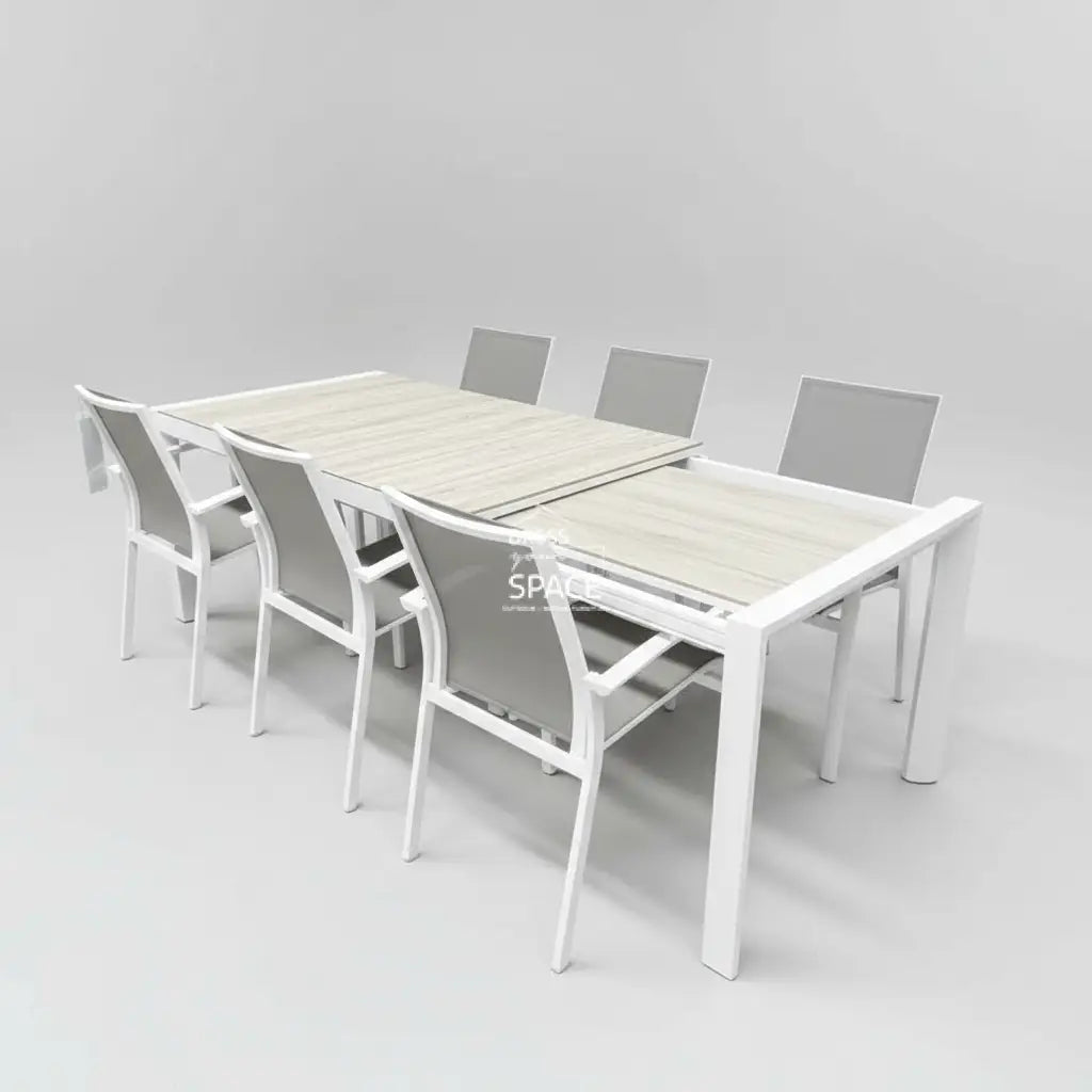 New York Ceramic Extension Table & Genoa Chair - White - 7 Piece Outdoor Dining Setting - Outdoor Dining Set - DYS Outdoor