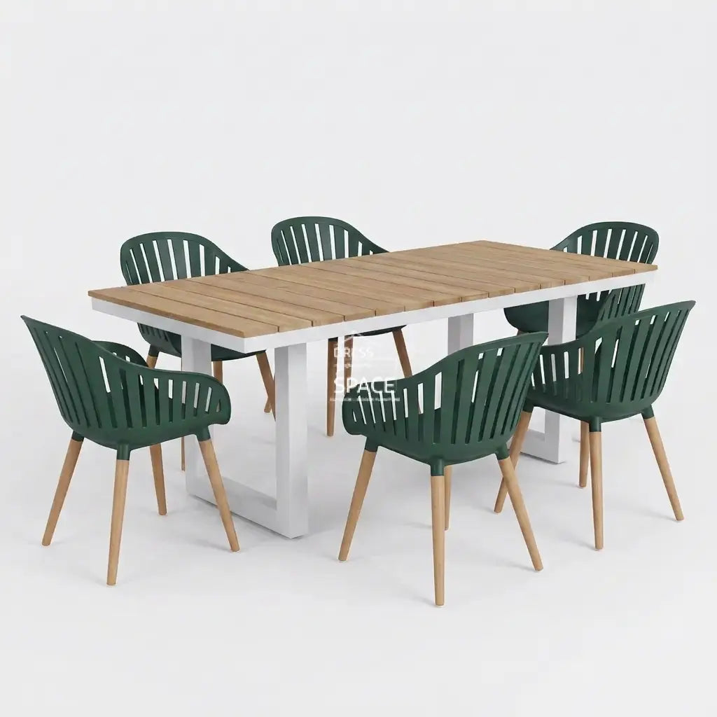 Nordic White - Nassau Ocean Green - 7 Piece Dining Set - Outdoor Dining Set - DYS Outdoor