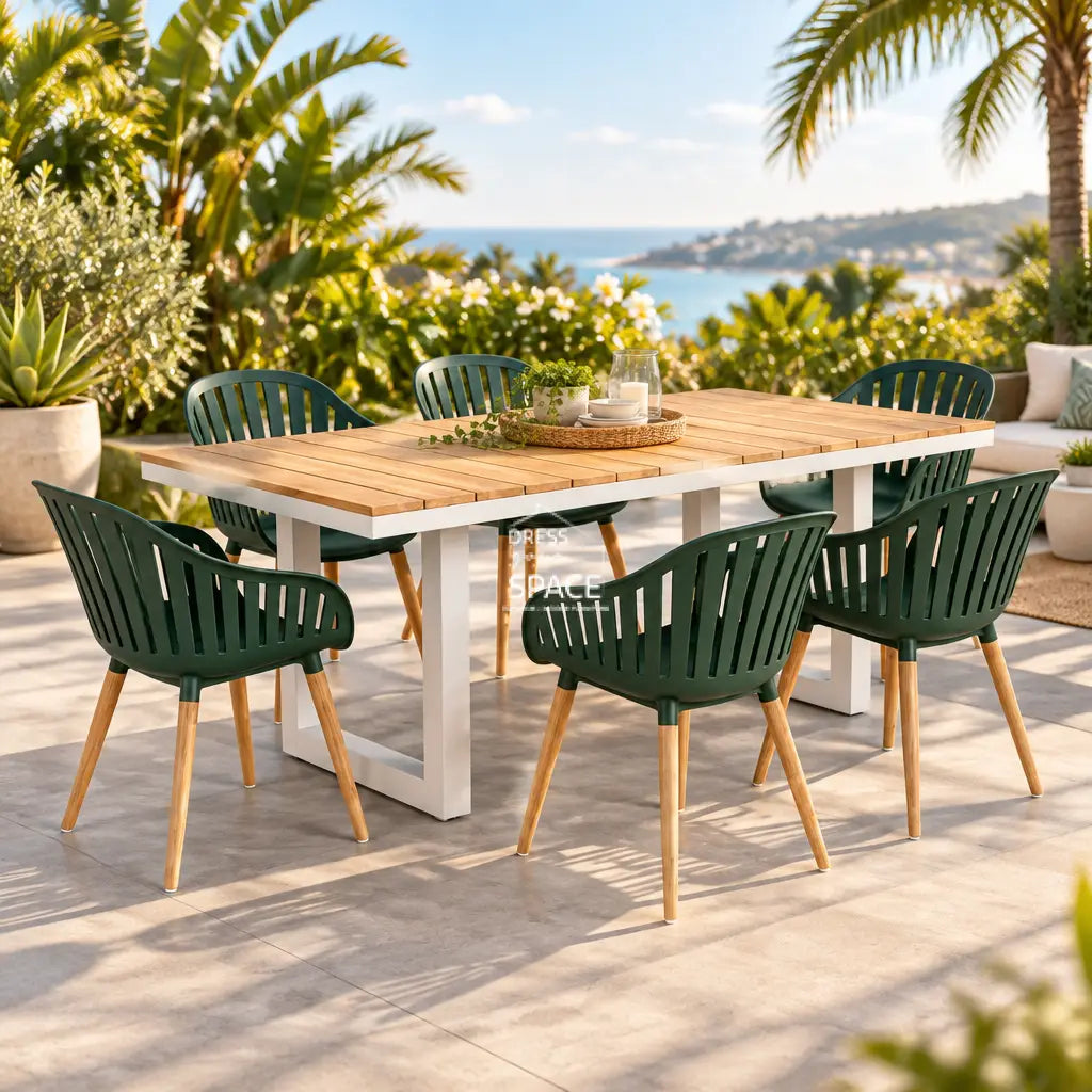 Nordic White - Nassau Ocean Green - 7 Piece Dining Set - Outdoor Dining Set - DYS Outdoor