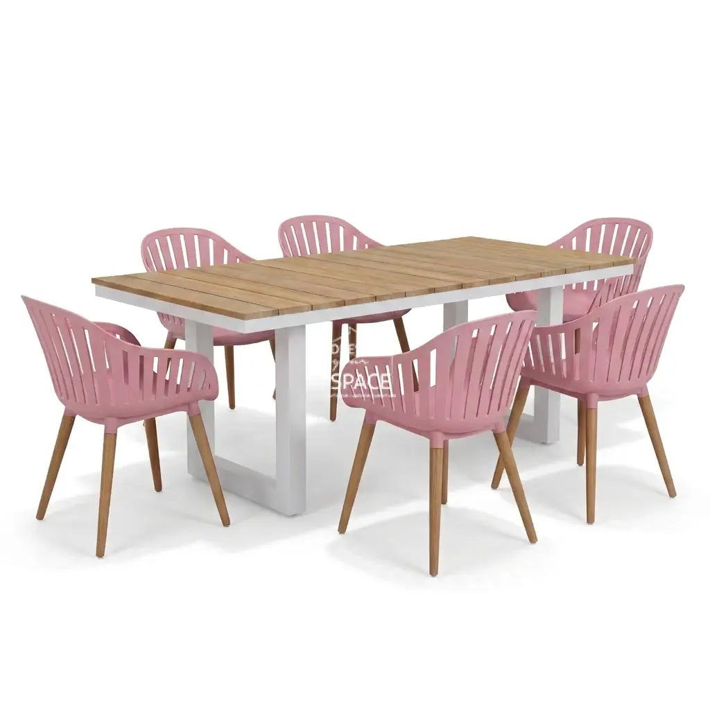 Nordic White - Nassau Pink Peach - 7 Piece Dining Set - Outdoor Dining Set - DYS Outdoor