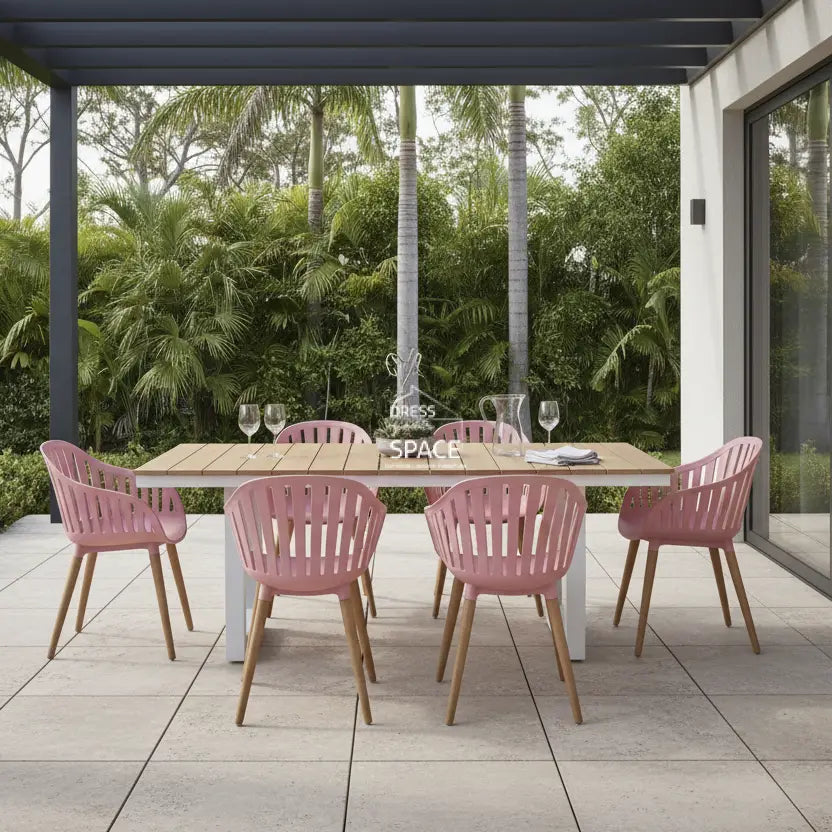 Nordic White - Nassau Pink Peach - 7 Piece Dining Set - Outdoor Dining Set - DYS Outdoor