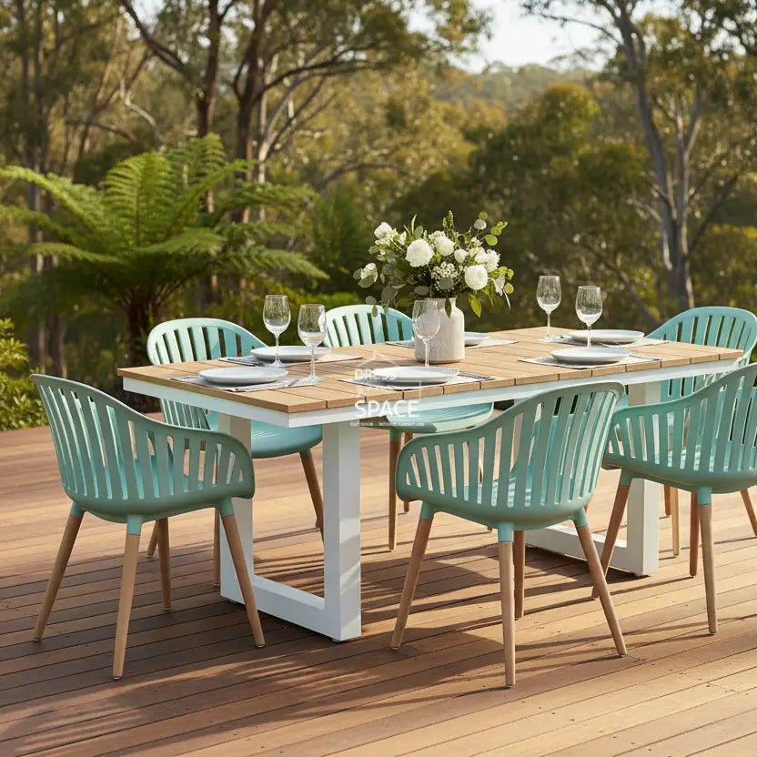 Nordic White - Nassau Turquoise - 7 Piece Dining Set - Outdoor Dining Set - DYS Outdoor