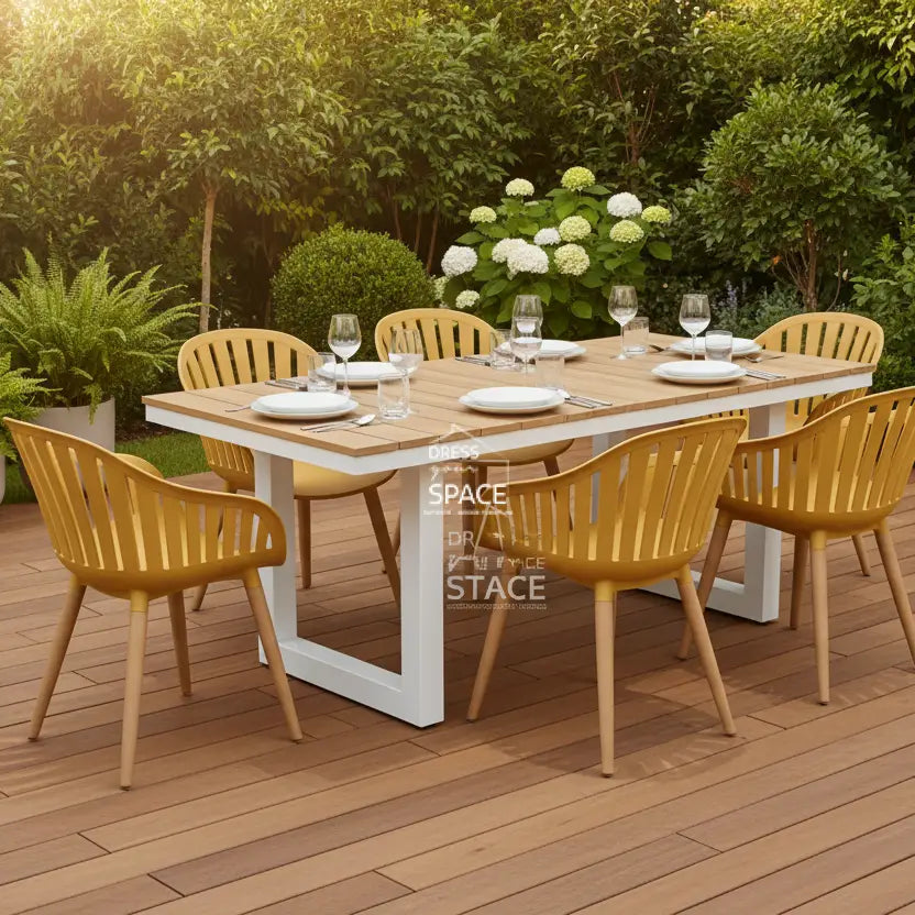 Nordic White - Nassau Yellow Lemon - 7 Piece Dining Set - Outdoor Dining Set - DYS Outdoor
