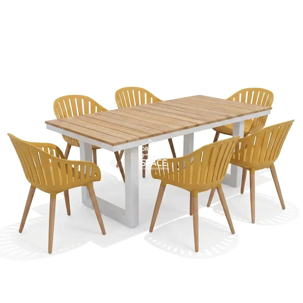 Nordic White - Nassau Yellow Lemon - 7 Piece Dining Set - Outdoor Dining Set - DYS Outdoor