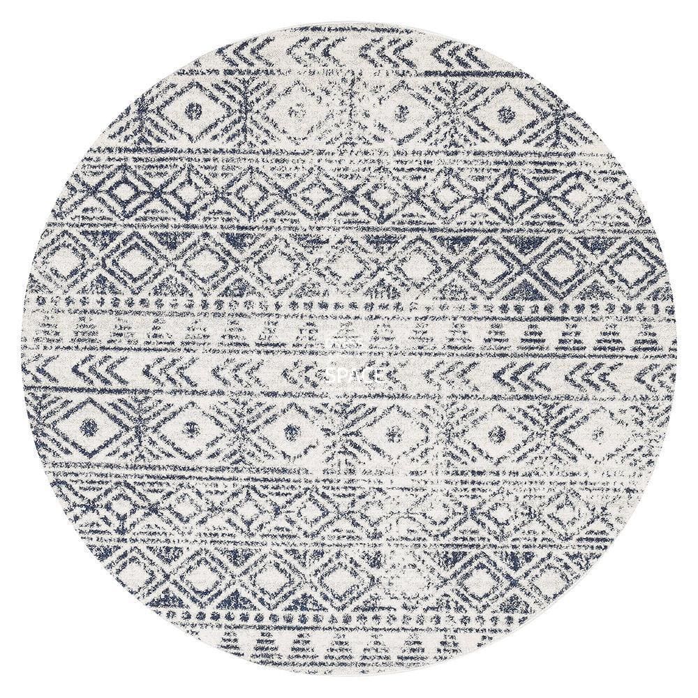 Oasis Ismail White Blue Rustic Round Rug - Indoor Round Rug - Rug Culture
