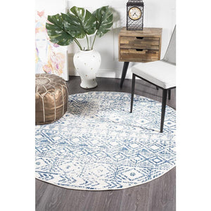 Oasis Ismail White Blue Rustic Round Rug - Indoor Round Rug - Rug Culture
