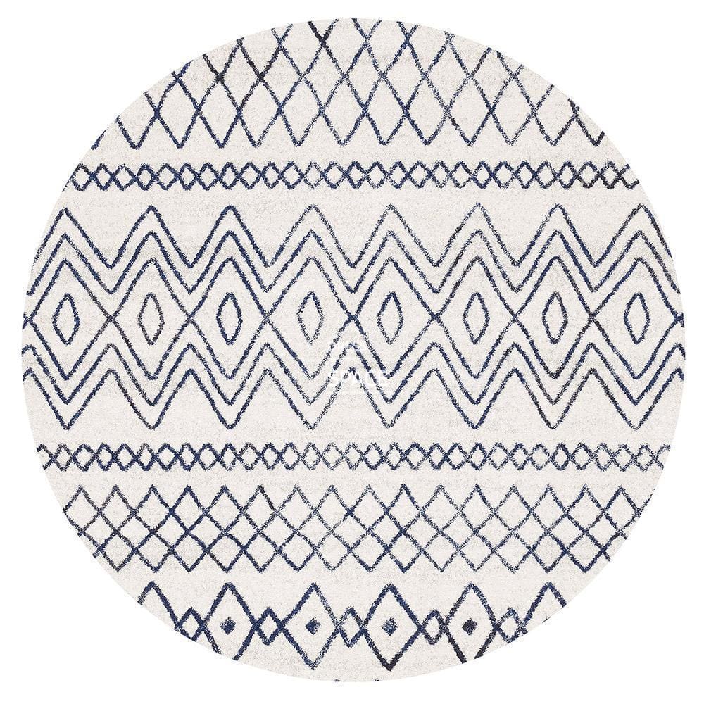 Oasis Nadia White Blue Rustic Tribal Round Rug - Indoor Round Rug - Rug Culture