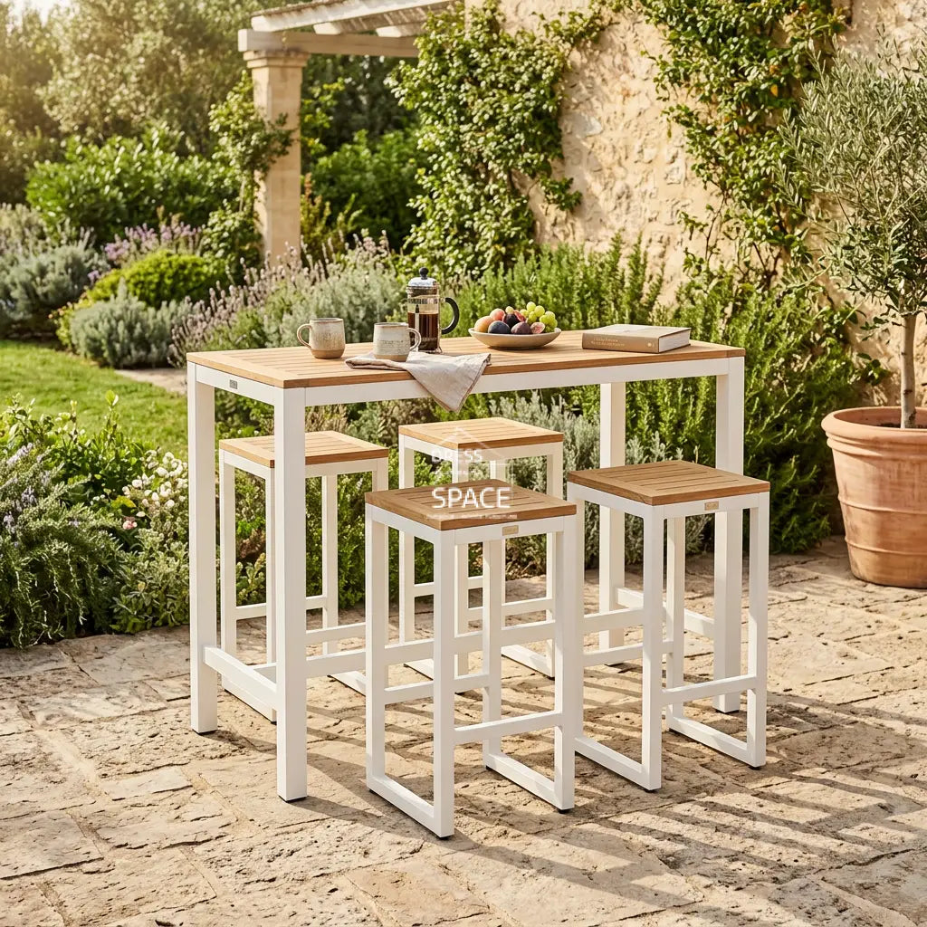 Oslo 5 Piece Outdoor Bar Setting - Shell White Teak & Aluminium - Outdoor Bar Set - DYS Outdoor