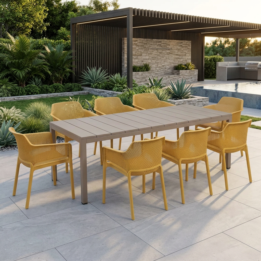 Nardi Rio Resin Extension Tortora (Taupe) Table & Net Senape (Mustard) Chair 7, 9 or 11 piece Dining Setting