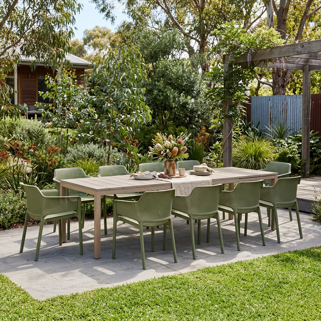Nardi Rio Resin Extension Tortora (Taupe) Table & Net Agave (Green) Chair 7, 9 or 11 piece Dining Setting