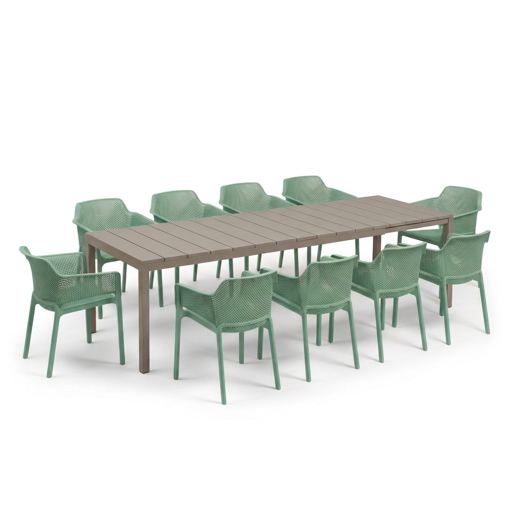 Nardi Rio Resin Extension Tortora (Taupe) Table & Net Salice (Jade) Chair 7, 9 or 11 piece Dining Setting