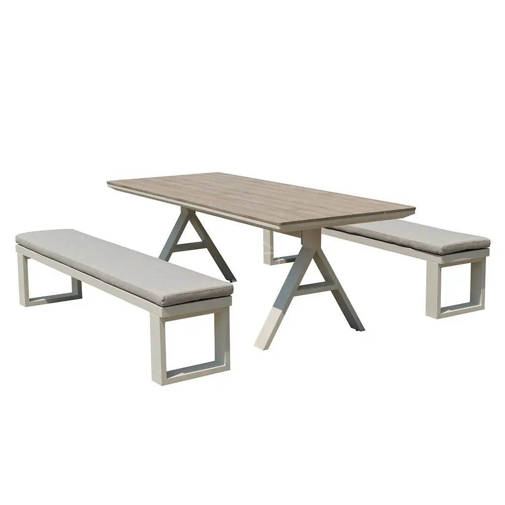 Verona 3 Piece Polywood Table and Bench Outdoor Dining Setting - Pearl White - Outdoor Dining Set - DYS Outdoor