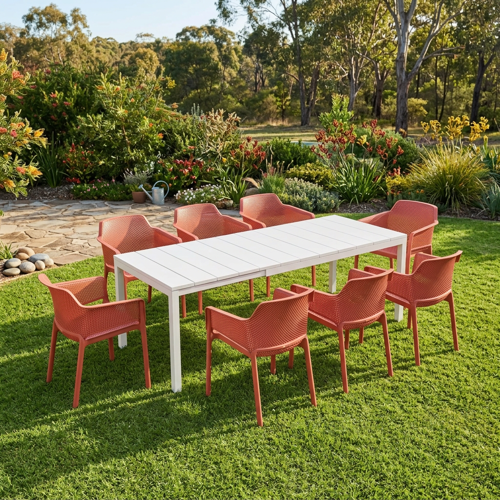 Nardi Rio Resin Extension Bianco (White) Table & Net Corallo (Coral) Chair 7, 9 or 11 piece Dining Setting