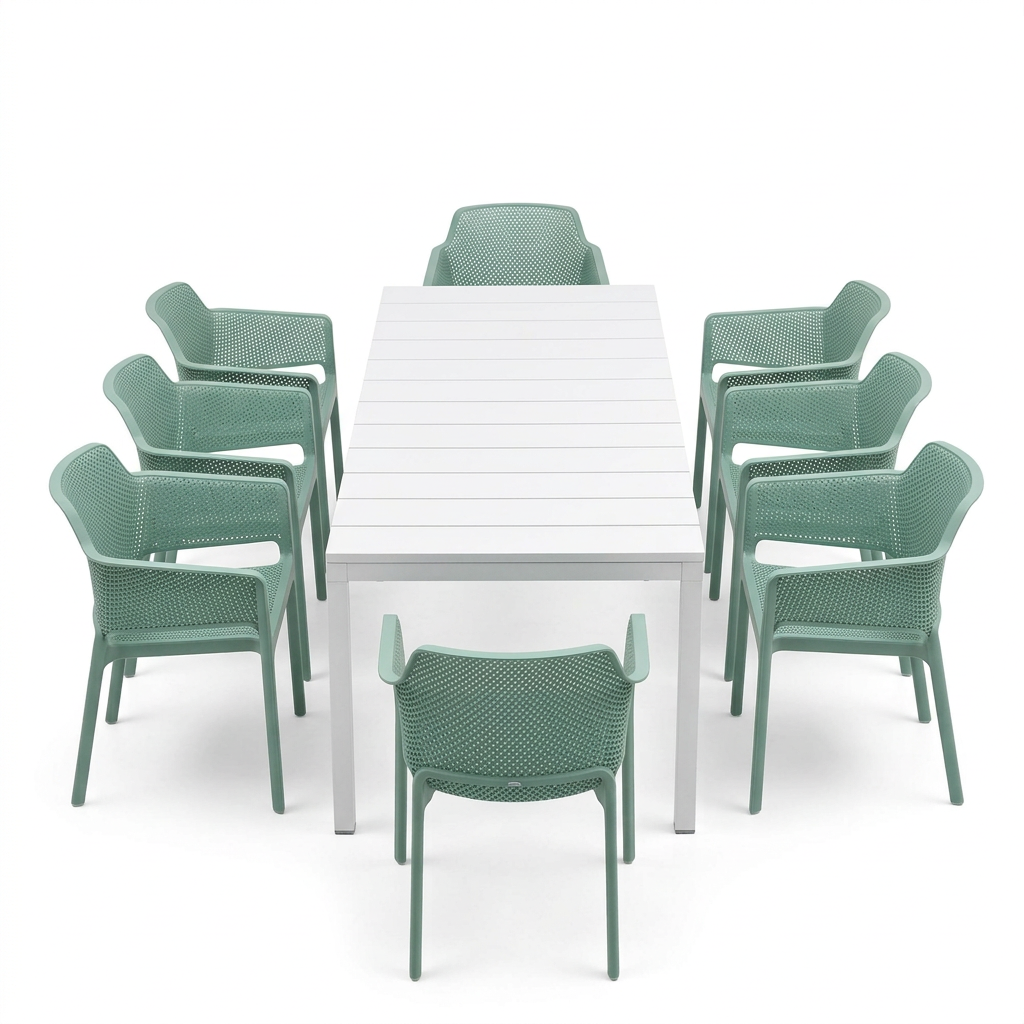 Nardi Rio Resin Extension Bianco (White) Table & Net Salice (Jade) Chair 7, 9 or 11 piece Dining Setting