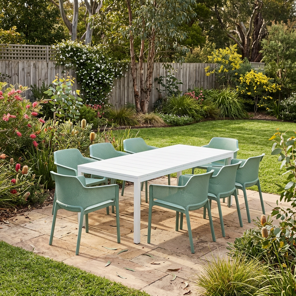 Nardi Rio Resin Extension Bianco (White) Table & Net Salice (Jade) Chair 7, 9 or 11 piece Dining Setting