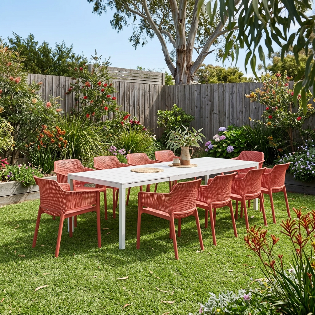 Nardi Rio Aluminium Extension Bianco (White) Table & Net Corallo (Coral) Chair 7, 9 or 11 piece Dining Setting